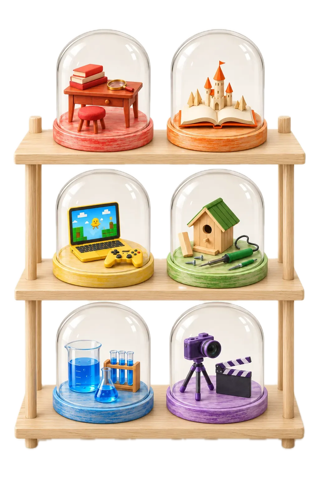 Six glass dioramas on a three-level wooden shelf, one for each kind of Project: research, story, game, build, experiment, and video