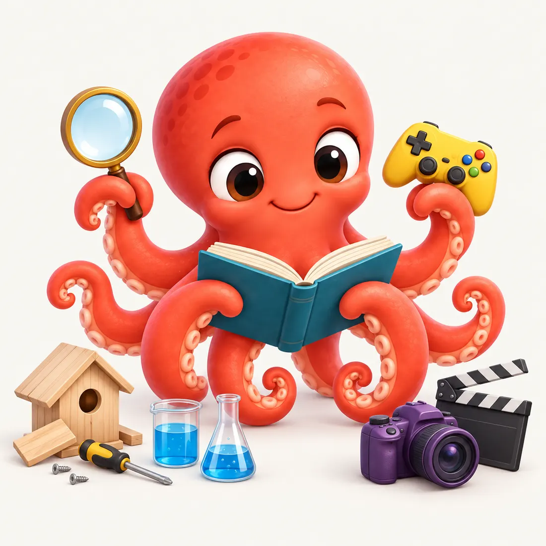Kit, a friendly coral octopus, holding a magnifying glass, a book, and a game controller, with a birdhouse, beakers, and a camera around it