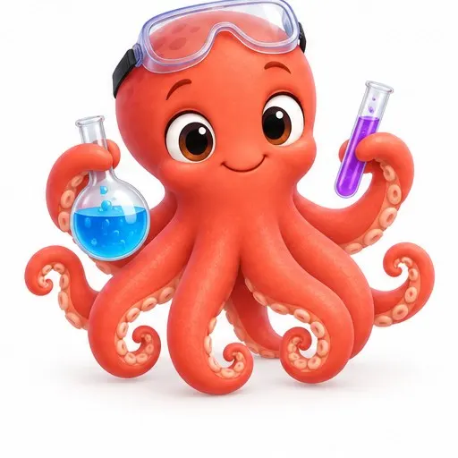 Kit the octopus holding a beaker and a test tube